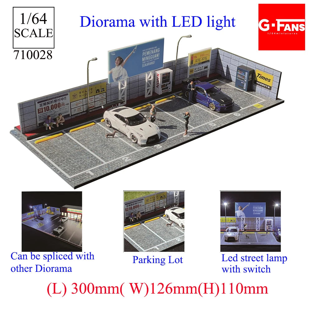 GFans NEW Model 1:64 Scale Diorama Car Garage Model With LED Lights Parking Lots City DIY Model Sets Collection Display Gifts