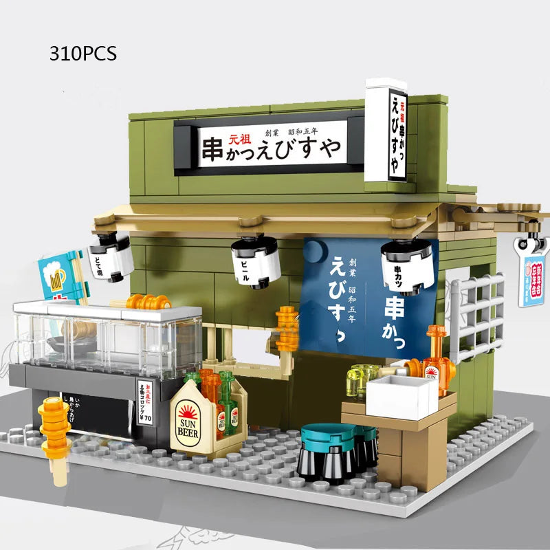 Japan City Street View Build Block Japanese Distillery Crab Meat Barbecue Pancake Shop Teahouse Octopus Ball Store Bricks Toy