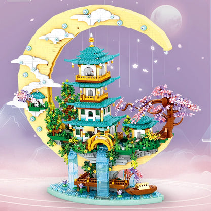Ancient Pavilion Temple Tower Lake Garden Gate Led Light Model Mini Diamond Blocks Bricks Building Chinese Style Home Decor Gift