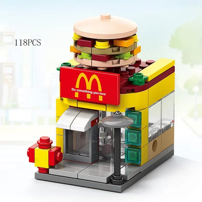 Zestawy 2025 Mini Shop Market Street View Model Building Blocks Hamburger Restaurant Retail Store Kreatywna architektura Przyjaciel