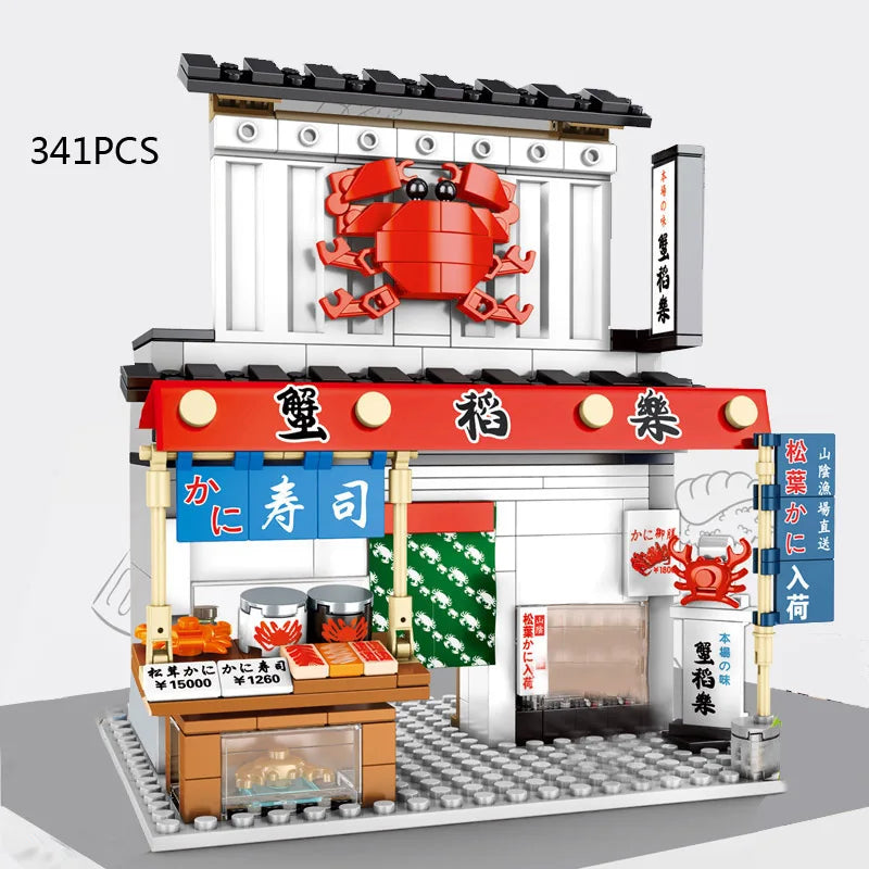 Japan City Street View Build Block Japanese Distillery Crab Meat Barbecue Pancake Shop Teahouse Octopus Ball Store Bricks Toy