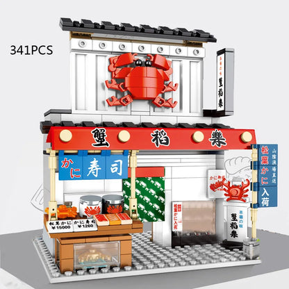 Japan City Street View Build Block Japanese Distillery Crab Meat Barbecue Pancake Shop Teahouse Octopus Ball Store Bricks Toy