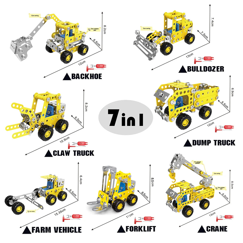 Metal Assembly Building Block Fire Truck Model Crane Excavator Bulldozer Engineering Vehicle Set DIY Screw Nut Alloy Toy for Boy