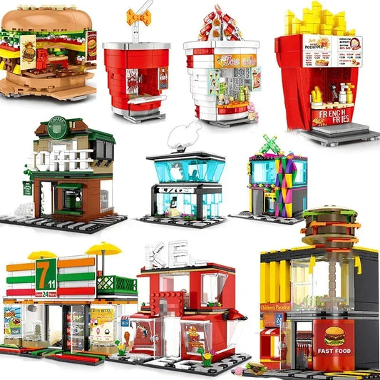 Zestawy 2025 Mini Shop Market Street View Model Building Blocks Hamburger Restaurant Retail Store Kreatywna architektura Przyjaciel