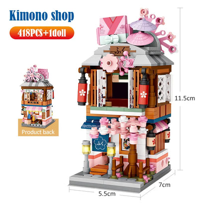 Miniaturowy Dom z Widokiem na Ulicę Miasta, Klocki Budowlane 4 w 1, Japońska Architektura, Przyjaciele, Figurki, Klocki, Zabawki Dla Dzieci