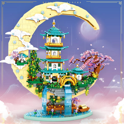 Ancient Pavilion Temple Tower Lake Garden Gate Led Light Model Mini Diamond Blocks Bricks Building Chinese Style Home Decor Gift