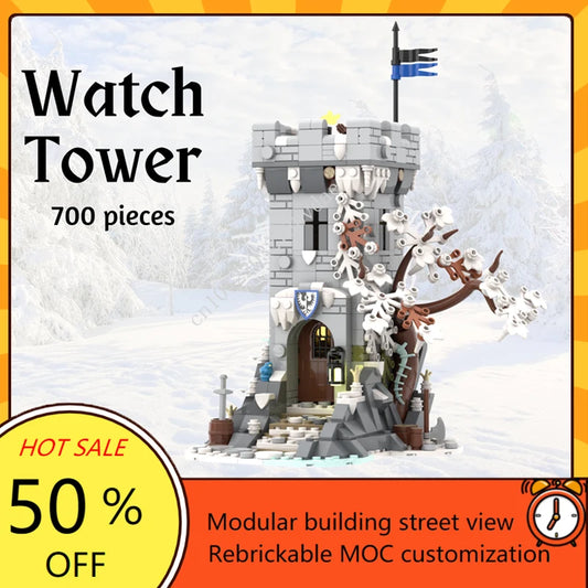 700PCS Winter Themed Watch Tower MOC Creative Medieval Fortress Architecture Castle Model Building Blocks Architecture Toy Gift