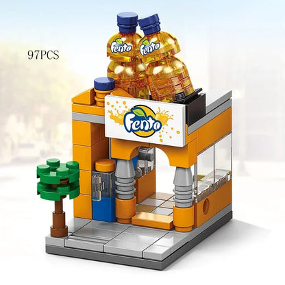 Zestawy 2025 Mini Shop Market Street View Model Building Blocks Hamburger Restaurant Retail Store Kreatywna architektura Przyjaciel