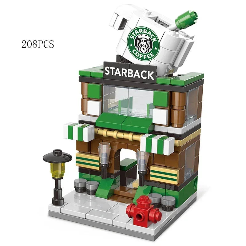 Zestawy 2025 Mini Shop Market Street View Model Building Blocks Hamburger Restaurant Retail Store Kreatywna architektura Przyjaciel