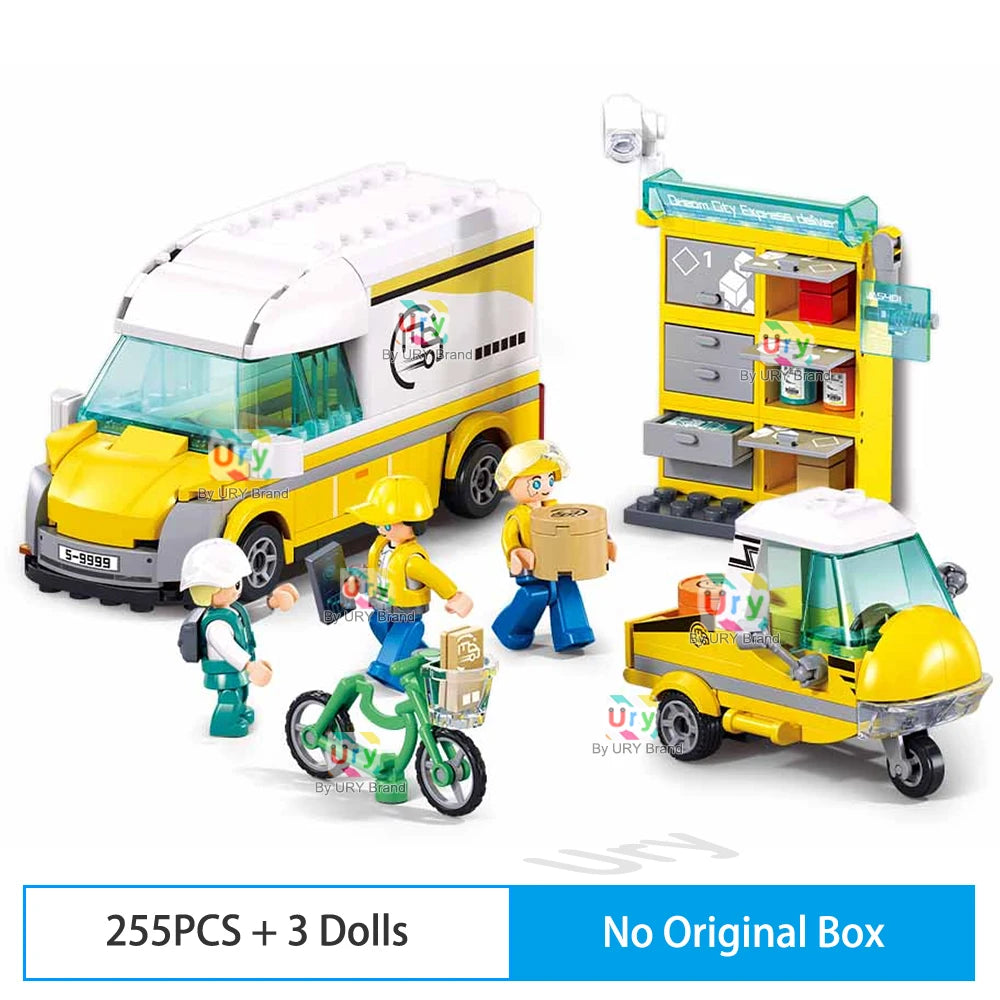City Traffic Car Yellow Logistics Container Van Truck Express Station Set Figures Model Building Blocks DIY Toys for Boys Gifts