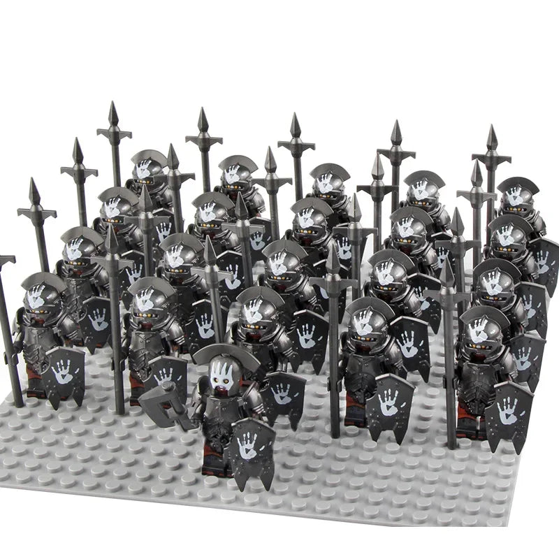 21Pcs The dwarf of the demon world Dann Iron Foot Knight vs Uruk Hai Army Solide Figrues With Shield Sword Spear Kid Blocks Toys