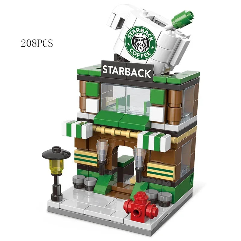 Zestawy 2025 Mini Shop Market Street View Model Building Blocks Hamburger Restaurant Retail Store Kreatywna architektura Przyjaciel