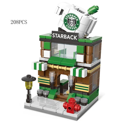 Zestawy 2025 Mini Shop Market Street View Model Building Blocks Hamburger Restaurant Retail Store Kreatywna architektura Przyjaciel