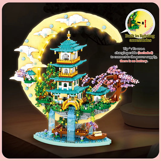 Ancient Pavilion Temple Tower Lake Garden Gate Led Light Model Mini Diamond Blocks Bricks Building Chinese Style Home Decor Gift
