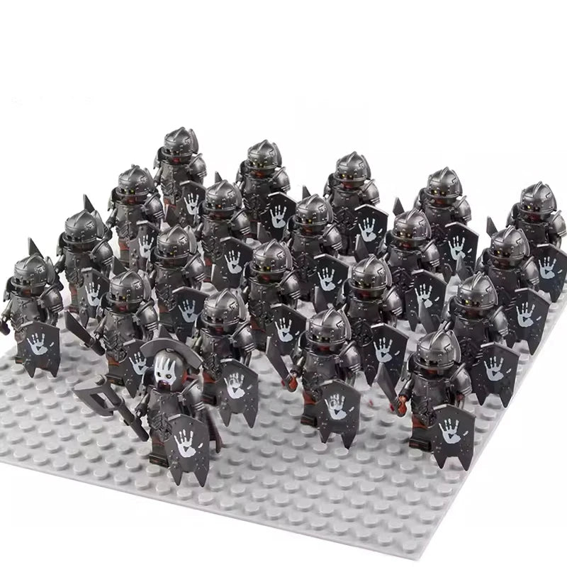 21Pcs The dwarf of the demon world Dann Iron Foot Knight vs Uruk Hai Army Solide Figrues With Shield Sword Spear Kid Blocks Toys