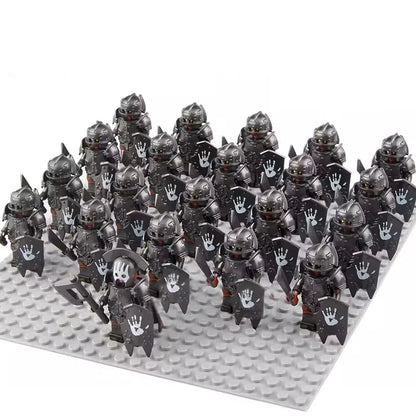 21Pcs The dwarf of the demon world Dann Iron Foot Knight vs Uruk Hai Army Solide Figrues With Shield Sword Spear Kid Blocks Toys