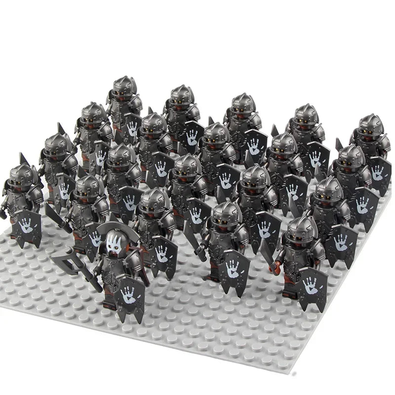 21Pcs The dwarf of the demon world Dann Iron Foot Knight vs Uruk Hai Army Solide Figrues With Shield Sword Spear Kid Blocks Toys