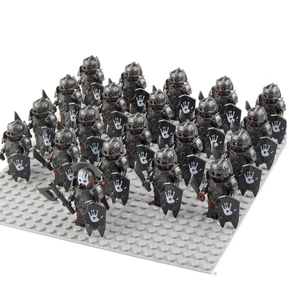 21Pcs The dwarf of the demon world Dann Iron Foot Knight vs Uruk Hai Army Solide Figrues With Shield Sword Spear Kid Blocks Toys