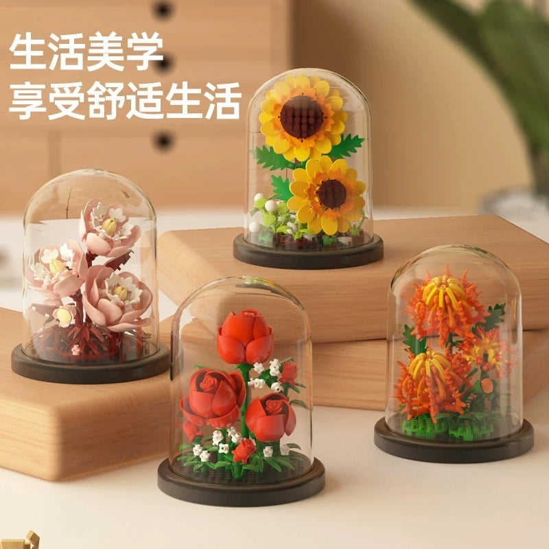 DIY MOC Flower Arrangement Dust Cover Tulip Rose Sunflower Plants Succulents Gardens Building Blocks Model Kids Sets Kits Toys - CADA BRICKS®