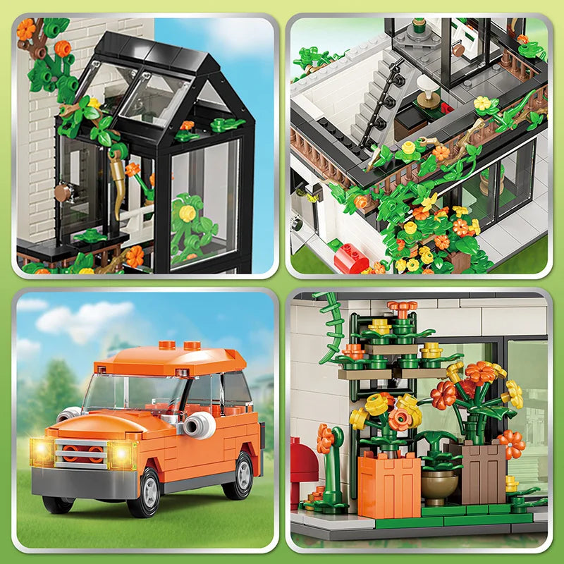 City 998Pcs Street View Sunshine Flower House Building Blocks MOC Architecture Duplex Villa With Car Bricks Toys Valentine Gift