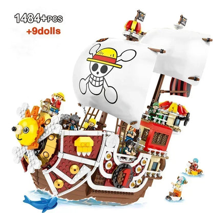 One Piece 1484Pcs+9Dolls Thousand Sunny Boat Blocks Cartoon Pirate Ship Bricks Set Toys for Children Christmas Gifts