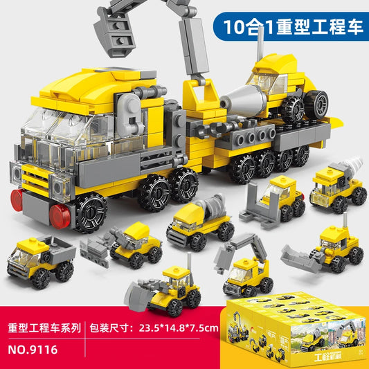 Engineering car blocks 10 in 1 Police car Aircraft Tank warship Fire truck Robot Building bricks Boy toys Children's gifts