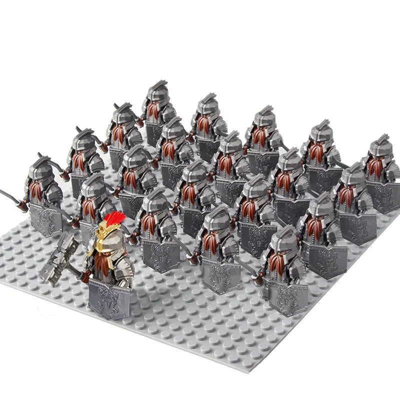 21Pcs The dwarf of the demon world Dann Iron Foot Knight vs Uruk Hai Army Solide Figrues With Shield Sword Spear Kid Blocks Toys