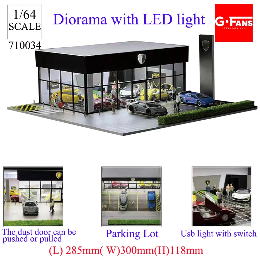 GFans NEW Model 1:64 Scale Diorama Car Garage Model With LED Lights Parking Lots City DIY Model Sets Collection Display Gifts