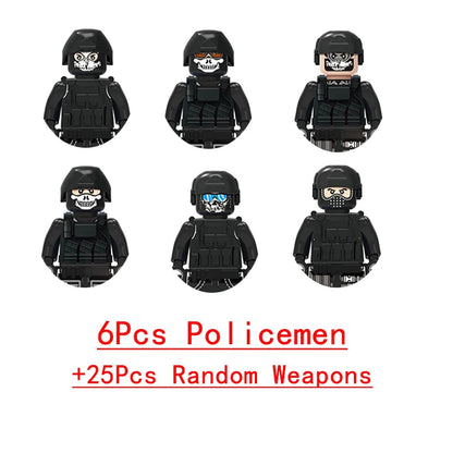 Wojskowe siły specjalne, policja SWAT, gangsterzy, broń, pistolety, moździerze, jeepy, pojazdy terenowe, opancerzone, model żołnierza, klocki budowlane
