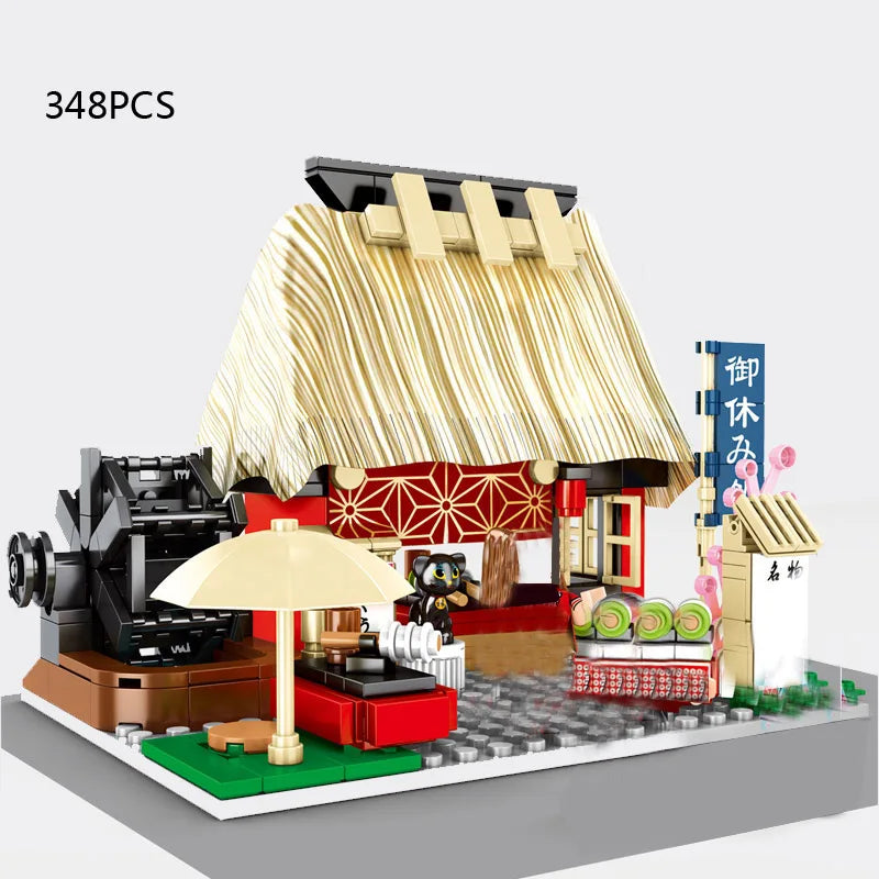 Japan City Street View Build Block Japanese Distillery Crab Meat Barbecue Pancake Shop Teahouse Octopus Ball Store Bricks Toy