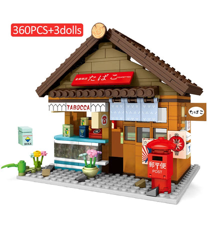 Classic Japan City Street View Build Block Japanese Pastry Vegetable Shop Fabric Bleaching Dyeing Convenience Store Bricks Toy