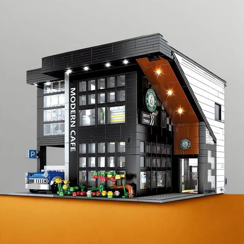 Zestaw konstrukcyjny do kawiarni z widokiem na ulicę, architektura miasta, klocki, klocki DIY, zabawki do samodzielnego montażu, prezenty, nowoczesny model kawiarni