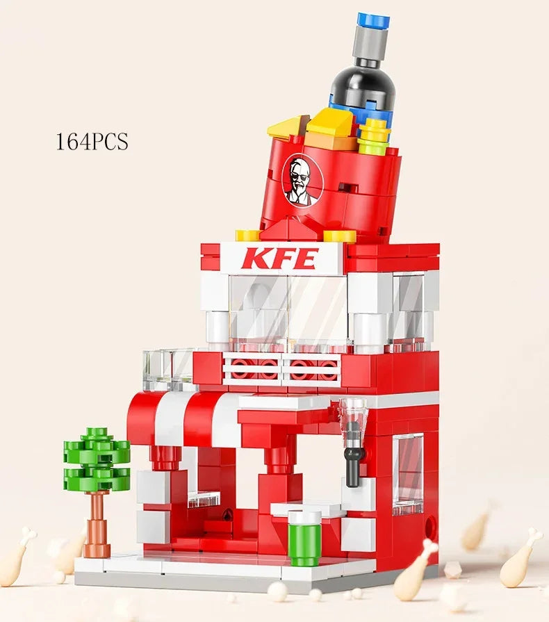 Zestawy 2025 Mini Shop Market Street View Model Building Blocks Hamburger Restaurant Retail Store Kreatywna architektura Przyjaciel