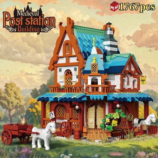 Medieval Post Station Castle Architectural Scenery Building Block Middle Ages Urban Street View Decor Micro Bricks Toys Kid Gift