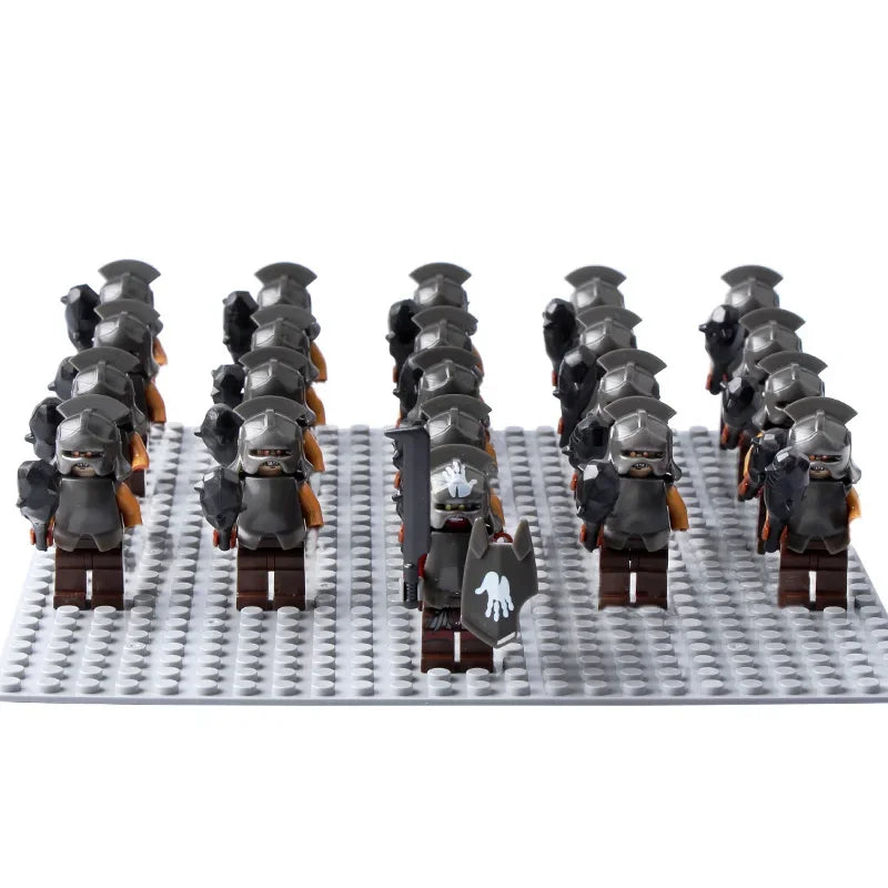 21Pcs The dwarf of the demon world Dann Iron Foot Knight vs Uruk Hai Army Solide Figrues With Shield Sword Spear Kid Blocks Toys