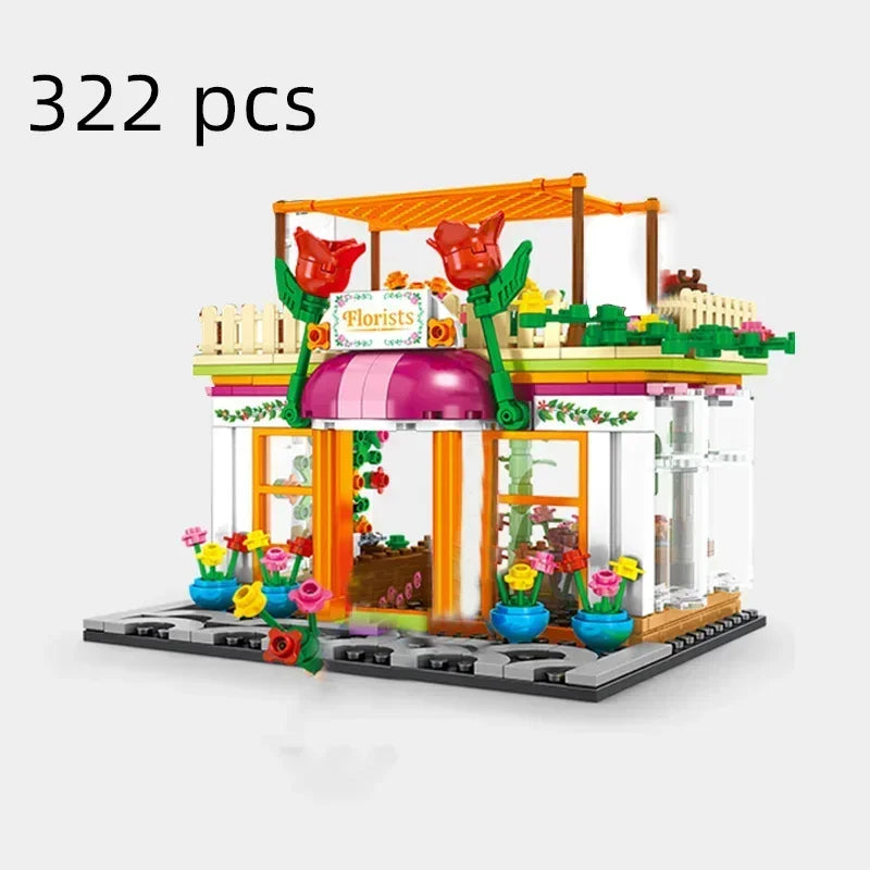 Zestawy 2025 Mini Shop Market Street View Model Building Blocks Hamburger Restaurant Retail Store Kreatywna architektura Przyjaciel
