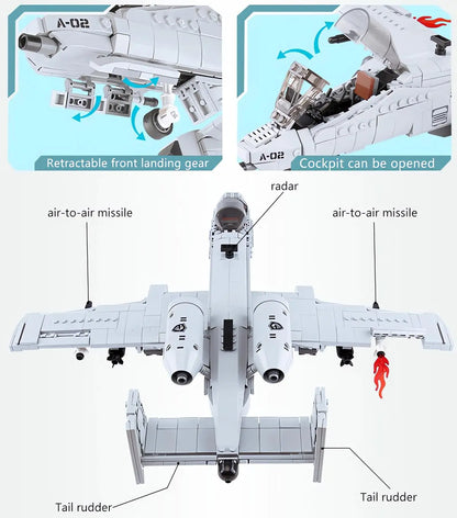 961PCS WW2 A10 Warthog Plane Fighter Jet Building Blocks Set Air Force Airplane Model Kits Bricks Toy Gifts for Teens and Adults