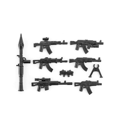 Wojskowe siły specjalne, policja SWAT, gangsterzy, broń, pistolety, moździerze, jeepy, pojazdy terenowe, opancerzone, model żołnierza, klocki budowlane