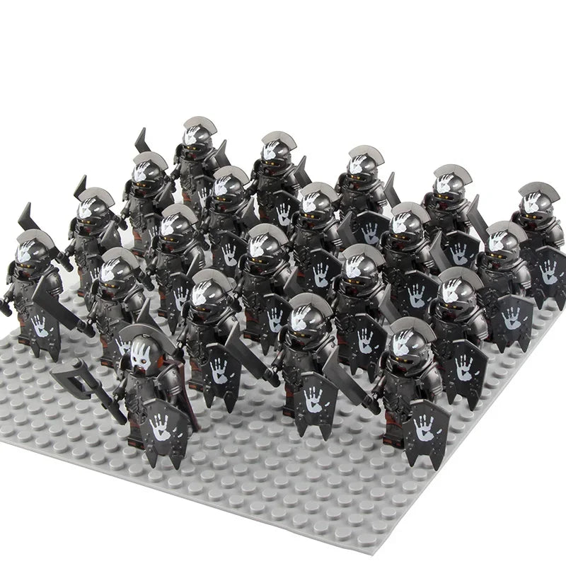 21Pcs The dwarf of the demon world Dann Iron Foot Knight vs Uruk Hai Army Solide Figrues With Shield Sword Spear Kid Blocks Toys