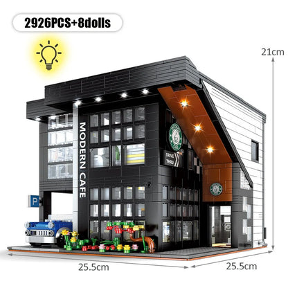 Zestaw konstrukcyjny do kawiarni z widokiem na ulicę, architektura miasta, klocki, klocki DIY, zabawki do samodzielnego montażu, prezenty, nowoczesny model kawiarni