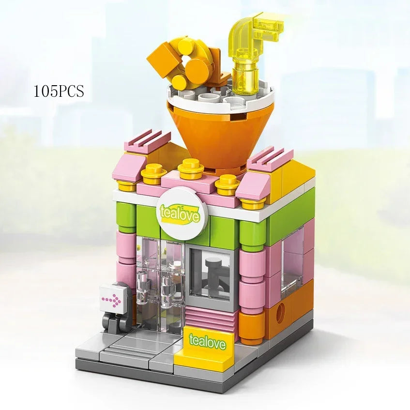 Zestawy 2025 Mini Shop Market Street View Model Building Blocks Hamburger Restaurant Retail Store Kreatywna architektura Przyjaciel