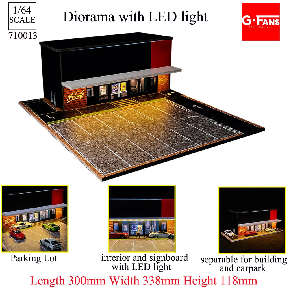 GFans NEW Model 1:64 Scale Diorama Car Garage Model With LED Lights Parking Lots City DIY Model Sets Collection Display Gifts