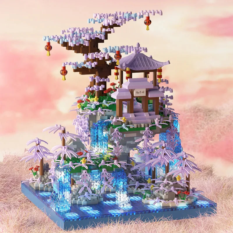 Flowers Tree House Mini Building Blocks Set for Adults Chinese Architecture Model Bonsai Toys with String Lights Home Decoration