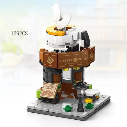 Zestawy 2025 Mini Shop Market Street View Model Building Blocks Hamburger Restaurant Retail Store Kreatywna architektura Przyjaciel