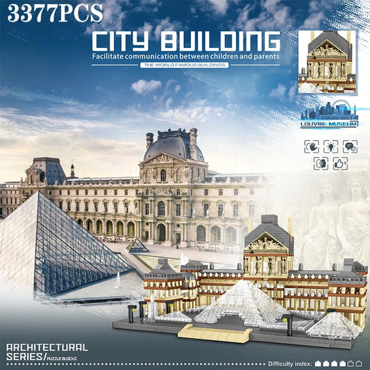 3377 szt. Klocki konstrukcyjne Luwr, światowej sławy atrakcje, klocki architektoniczne, dekoracja stołu, zabawki dla dzieci, prezenty