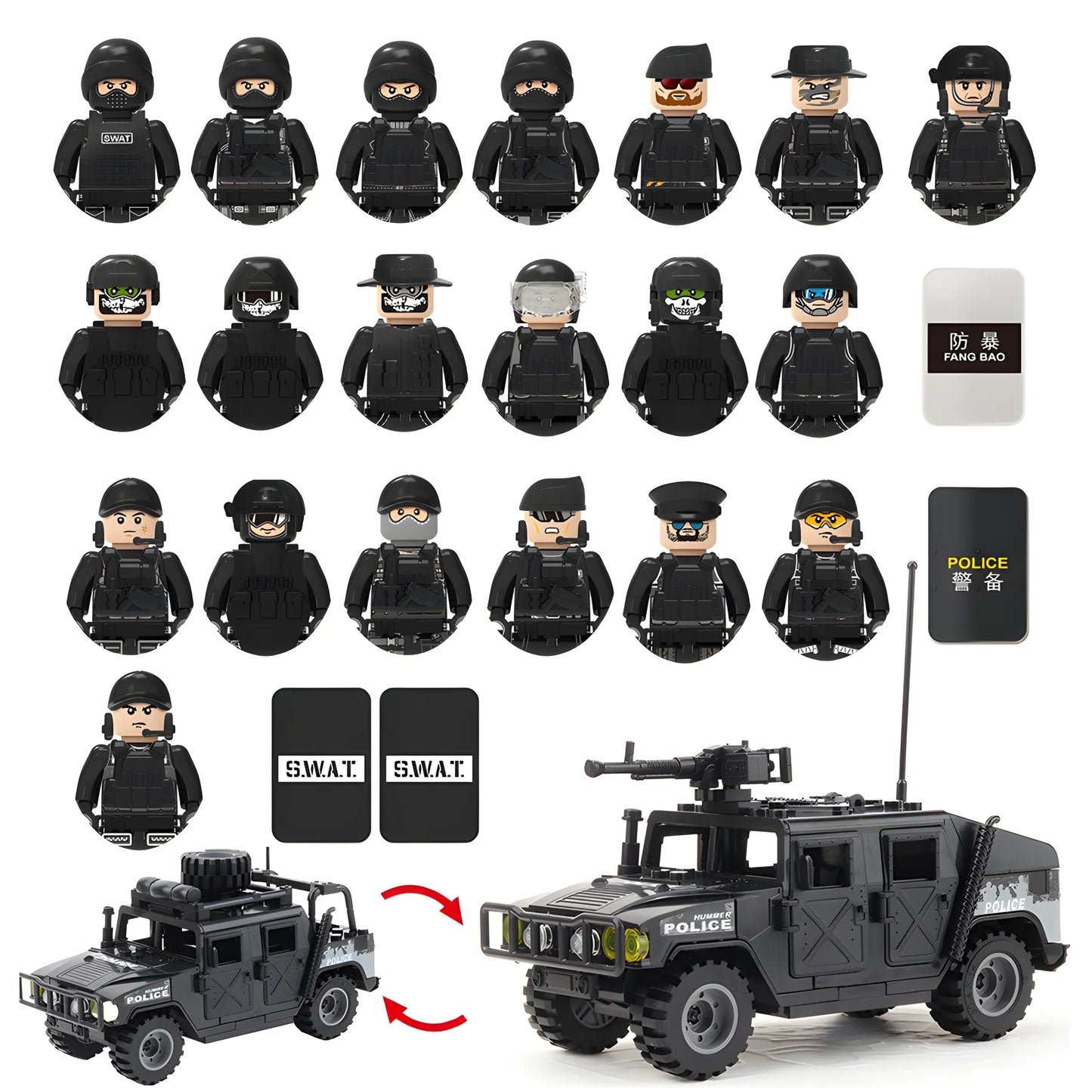 Wojskowe siły specjalne, policja SWAT, gangsterzy, broń, pistolety, moździerze, jeepy, pojazdy terenowe, opancerzone, model żołnierza, klocki budowlane