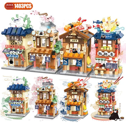 Mini City Street View Noodle Shop Building Blocks 4 in 1 Japanese Architecture Hot Spring House Toy Bricks Friends Children Gift