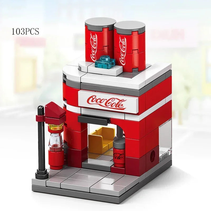 Zestawy 2025 Mini Shop Market Street View Model Building Blocks Hamburger Restaurant Retail Store Kreatywna architektura Przyjaciel