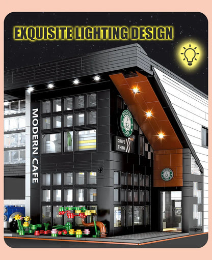 Zestaw konstrukcyjny do kawiarni z widokiem na ulicę, architektura miasta, klocki, klocki DIY, zabawki do samodzielnego montażu, prezenty, nowoczesny model kawiarni