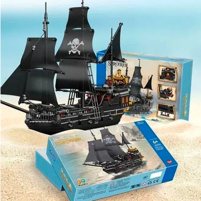 1424PCS Black Pirate Ship Building Blocks Skeleton Ghost Boat Model Assembly Bricks Toys Desktop Decoration Kids Holiday Gifts